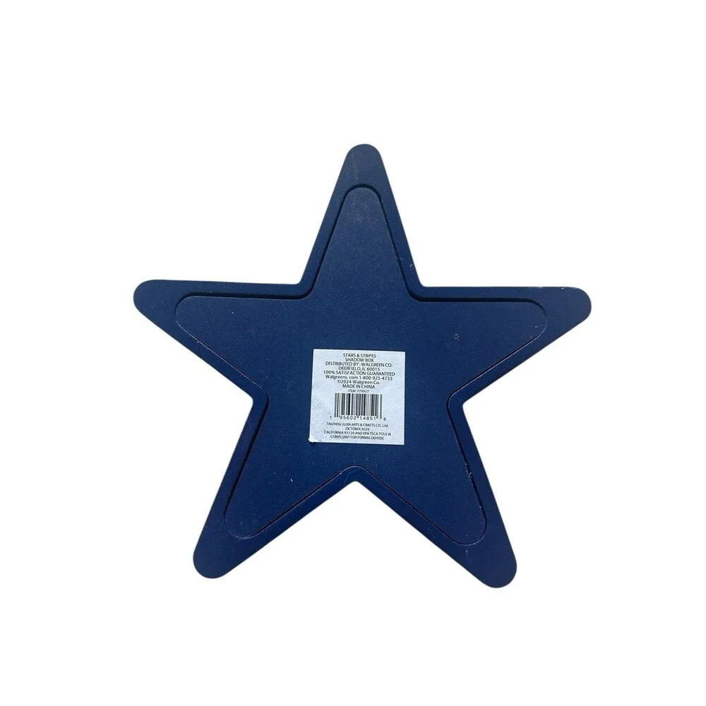 Blue Patriotic Stars & Stripes Star Shaped Shadow Box Wood w/ White Mini Stars